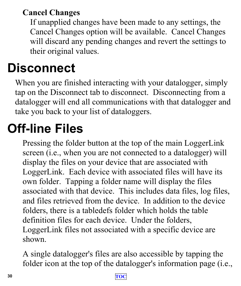 Disconnect, Off-line files | Campbell Scientific LoggerLink Mobile App for iOS User Manual | Page 32 / 42