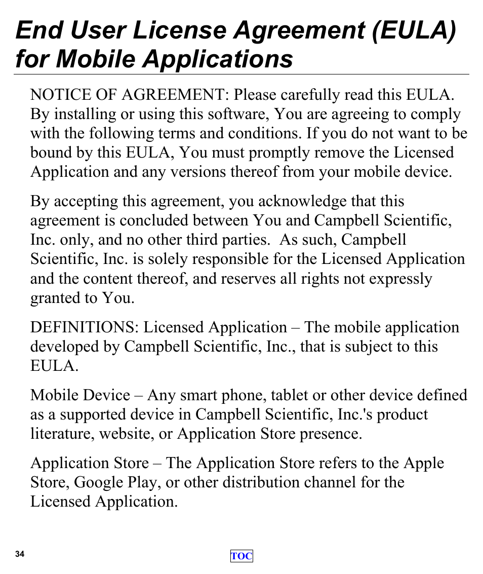 End user license agreement (eula) | Campbell Scientific LoggerLink Mobile App for iOS User Manual | Page 36 / 42
