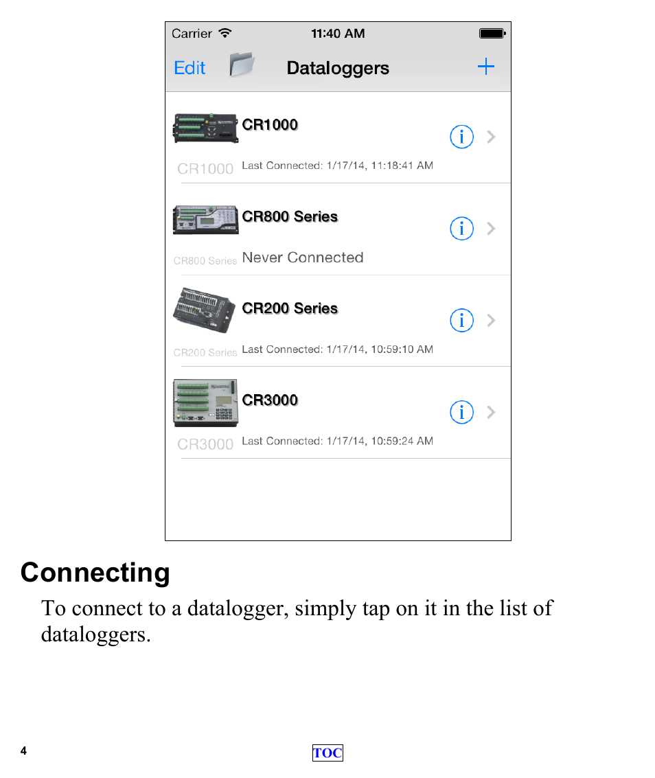 Connecting | Campbell Scientific LoggerLink Mobile App for iOS User Manual | Page 6 / 42