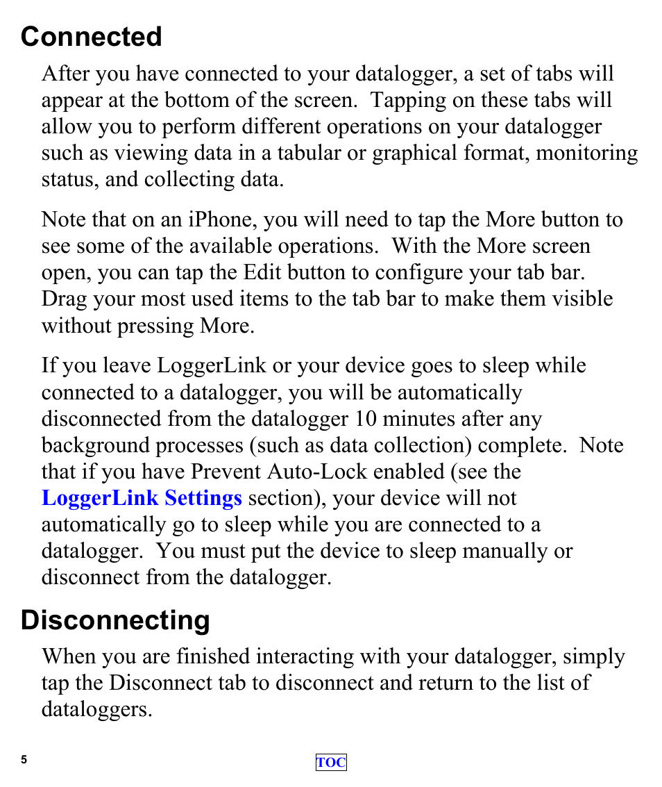 Connected, Disconnecting | Campbell Scientific LoggerLink Mobile App for iOS User Manual | Page 7 / 42