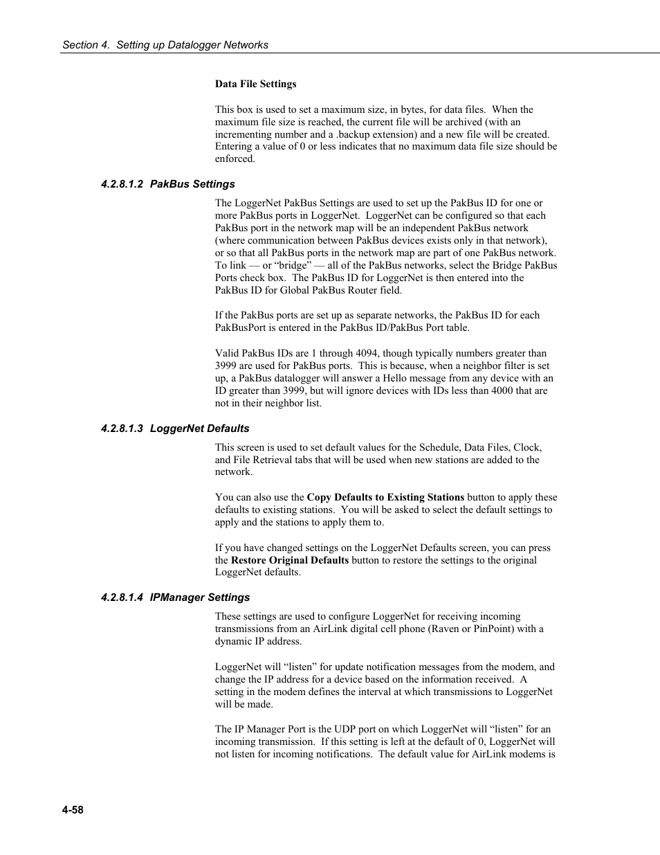 2 pakbus settings, 3 loggernet defaults, 4 ipmanager settings | Pakbus settings -58, Loggernet defaults -58, Ipmanager settings -58 | Campbell Scientific LoggerNet Datalogger Support Software User Manual | Page 114 / 580