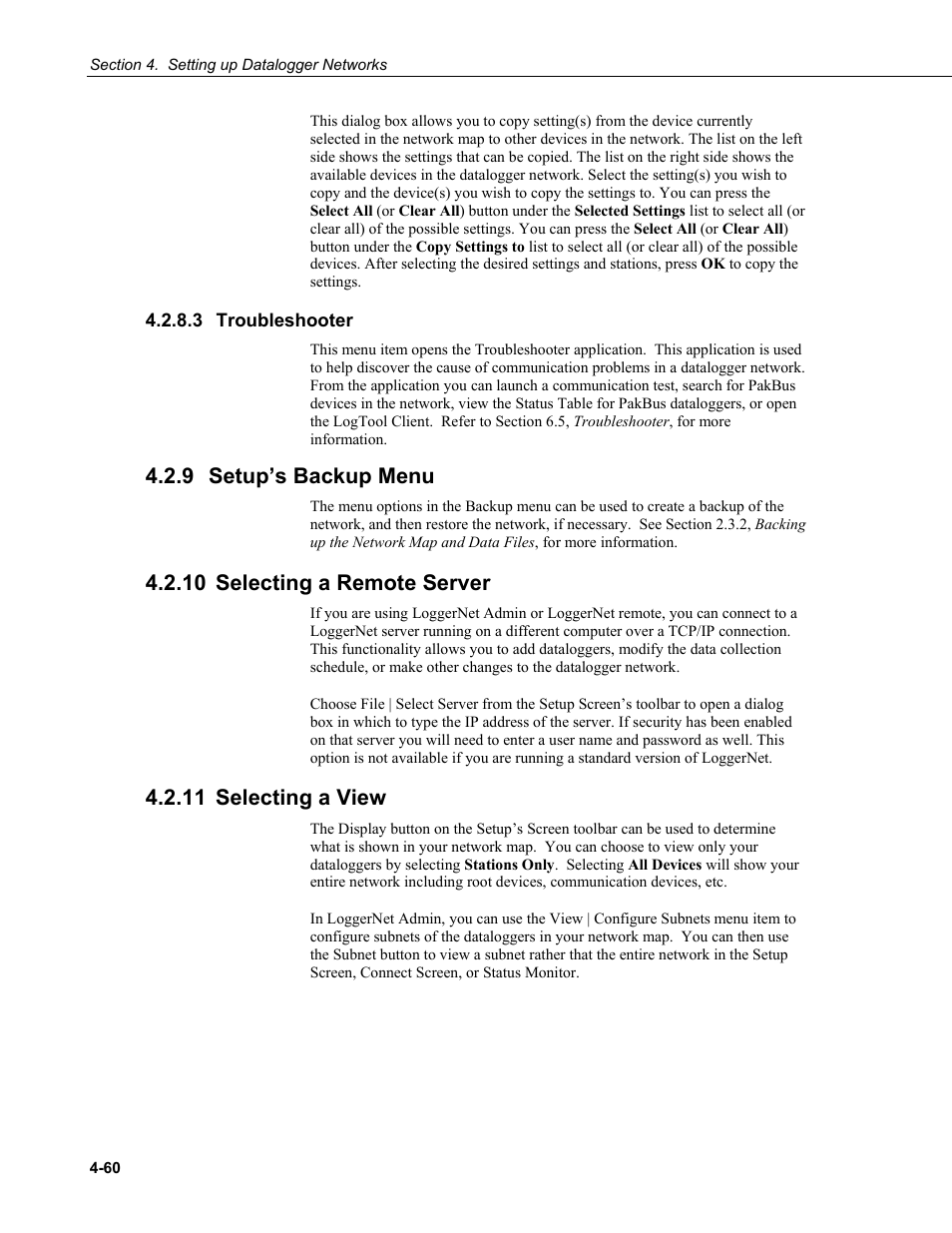 3 troubleshooter, 9 setup’s backup menu, 10 selecting a remote server | 11 selecting a view, Troubleshooter -60, Setup’s backup menu -60, Selecting a remote server -60, Selecting a view -60 | Campbell Scientific LoggerNet Datalogger Support Software User Manual | Page 116 / 580