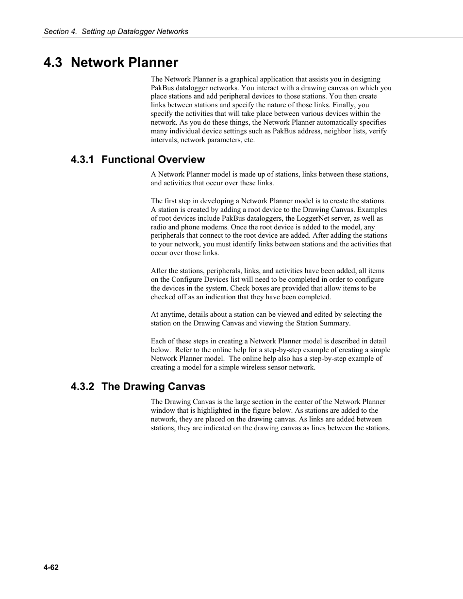 3 network planner, 1 functional overview, 2 the drawing canvas | Network planner -62, Functional overview -62, The drawing canvas -62 | Campbell Scientific LoggerNet Datalogger Support Software User Manual | Page 118 / 580