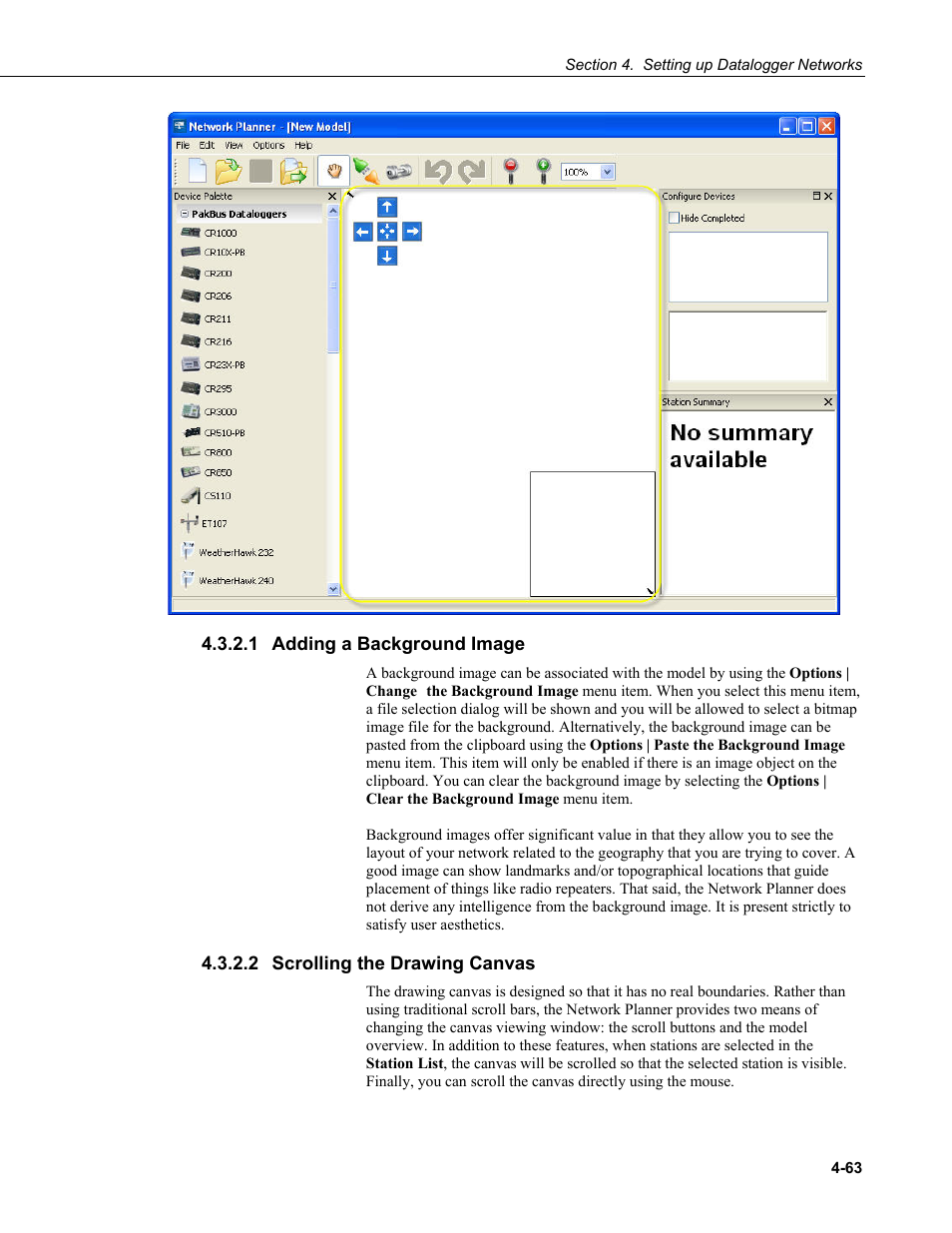 1 adding a background image, 2 scrolling the drawing canvas, Adding a background image -63 | Scrolling the drawing canvas -63 | Campbell Scientific LoggerNet Datalogger Support Software User Manual | Page 119 / 580