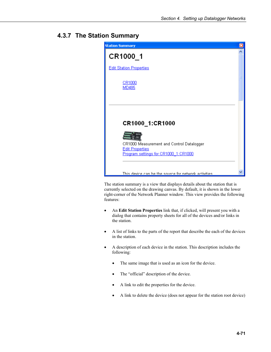 7 the station summary, The station summary -71 | Campbell Scientific LoggerNet Datalogger Support Software User Manual | Page 127 / 580