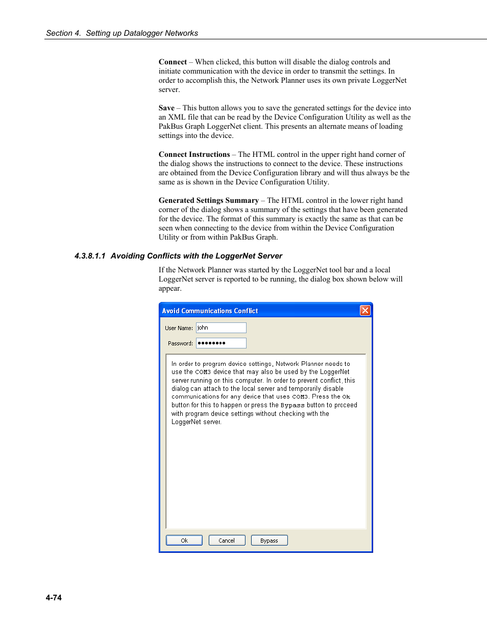 1 avoiding conflicts with the loggernet server, Avoiding conflicts with the loggernet, Server -74 | Campbell Scientific LoggerNet Datalogger Support Software User Manual | Page 130 / 580
