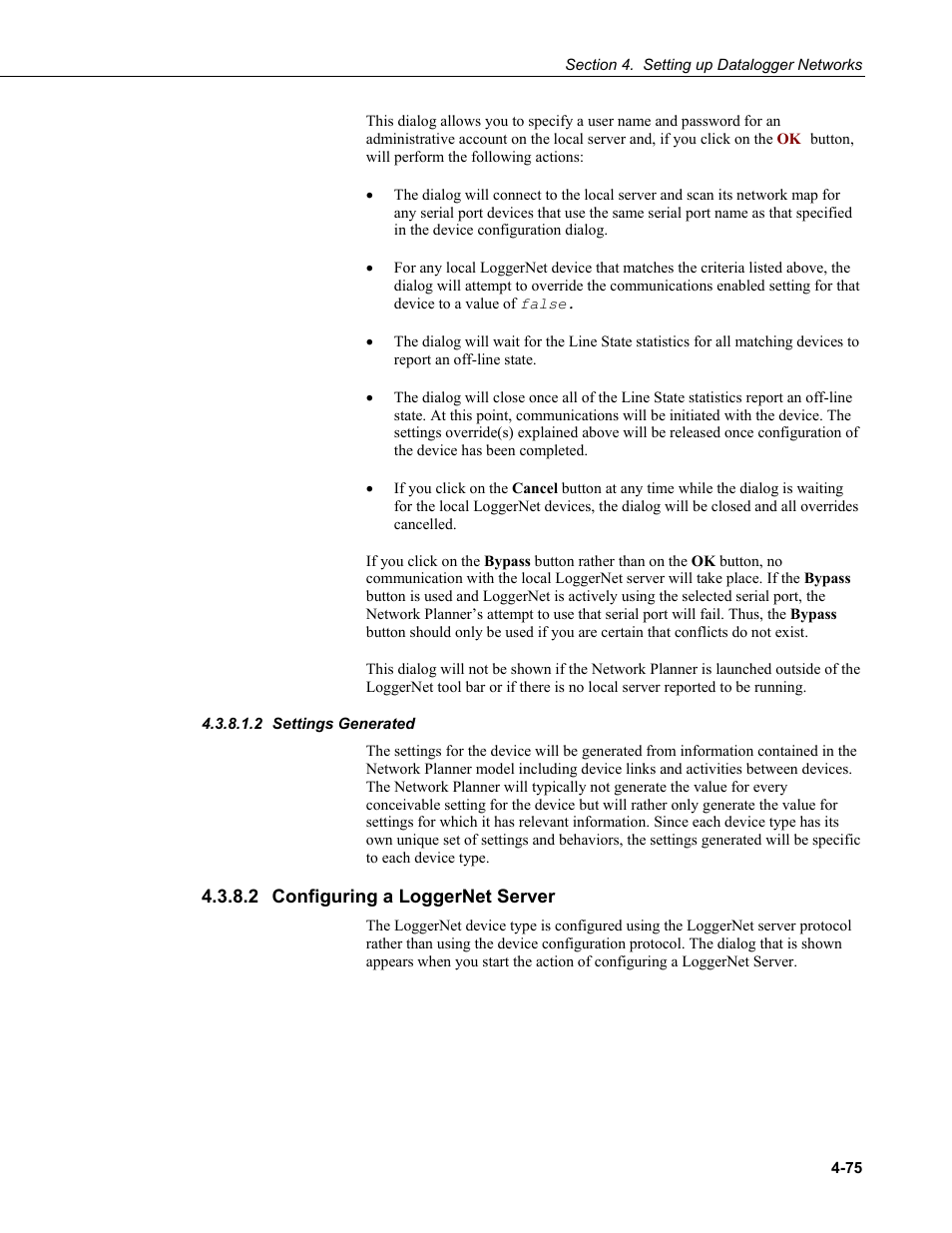 2 settings generated, 2 configuring a loggernet server, Settings generated -75 | Configuring a loggernet server -75 | Campbell Scientific LoggerNet Datalogger Support Software User Manual | Page 131 / 580