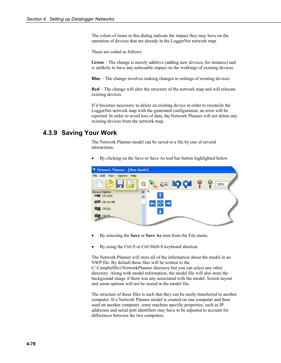 9 saving your work, Saving your work -78 | Campbell Scientific LoggerNet Datalogger Support Software User Manual | Page 134 / 580