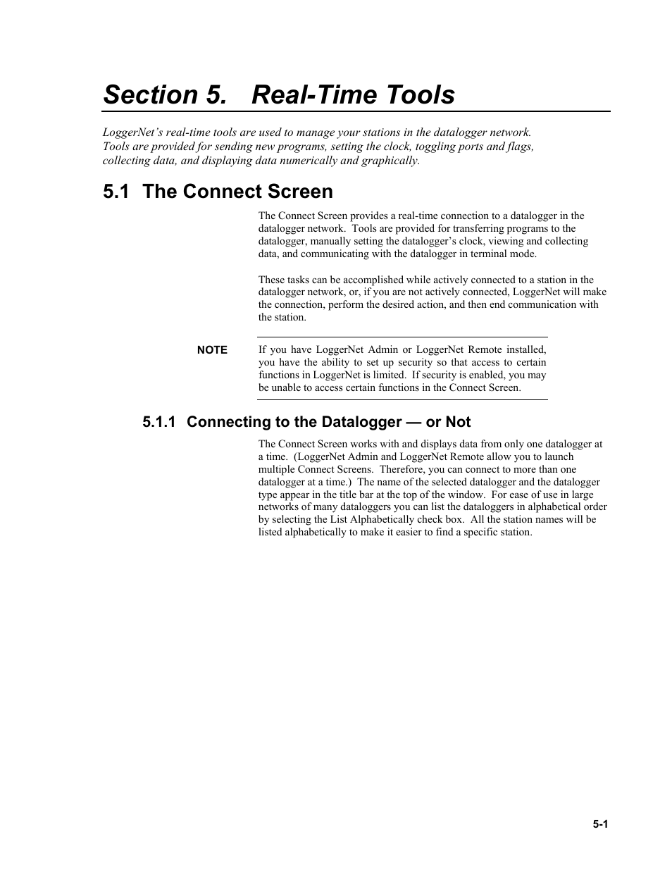 Section 5. real-time tools, 1 the connect screen, 1 connecting to the datalogger — or not | Real-time tools -1, The connect screen -1, Connecting to the datalogger — or not -1 | Campbell Scientific LoggerNet Datalogger Support Software User Manual | Page 137 / 580