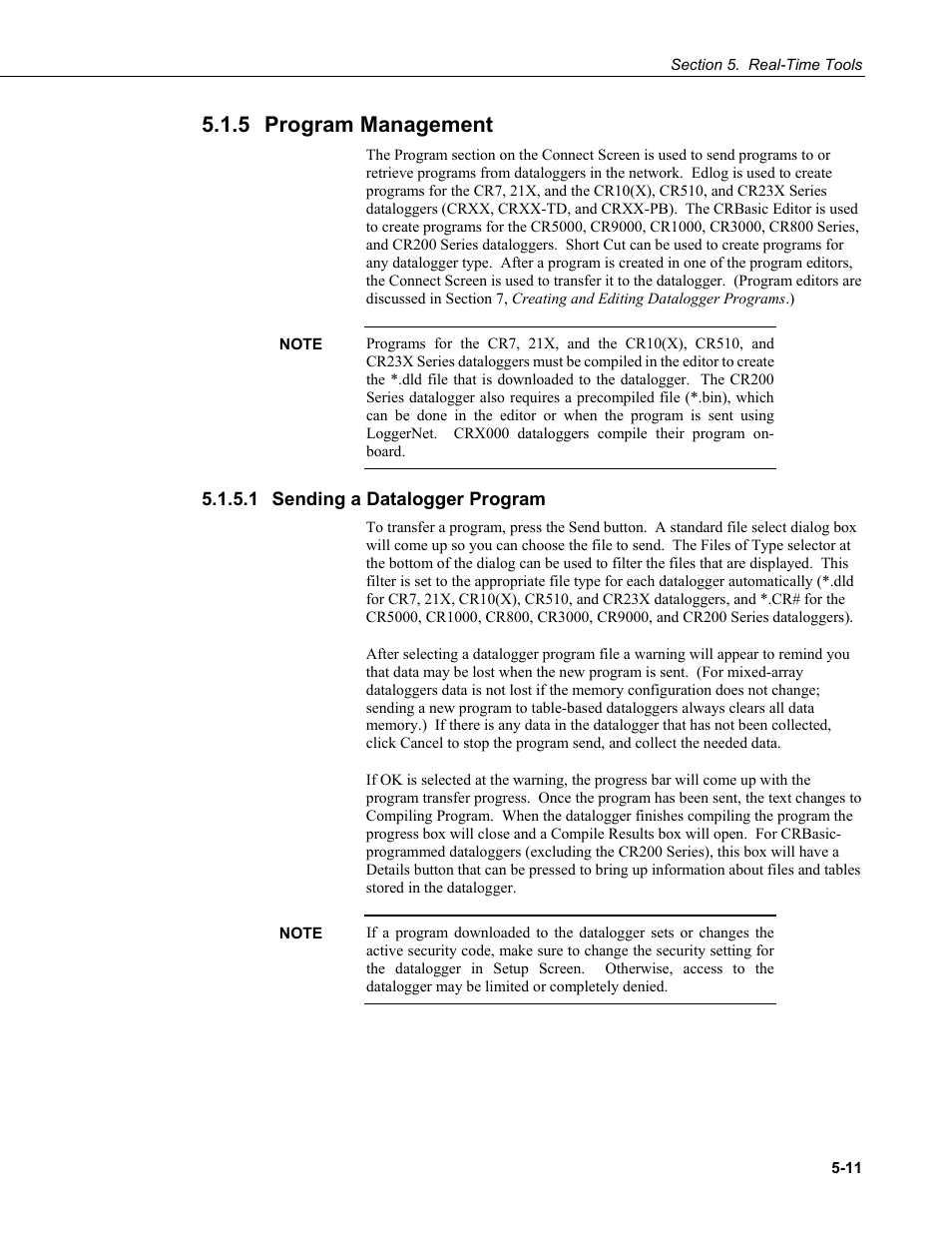 5 program management, 1 sending a datalogger program, Program management -11 | Sending a datalogger program -11 | Campbell Scientific LoggerNet Datalogger Support Software User Manual | Page 147 / 580