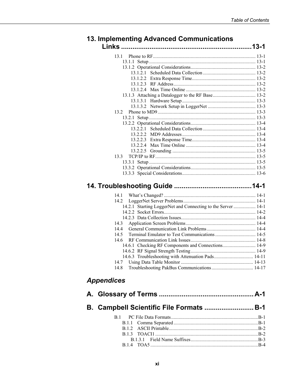 Implementing advanced communications links -1, Troubleshooting guide -1, Appendices a | Campbell Scientific LoggerNet Datalogger Support Software User Manual | Page 15 / 580