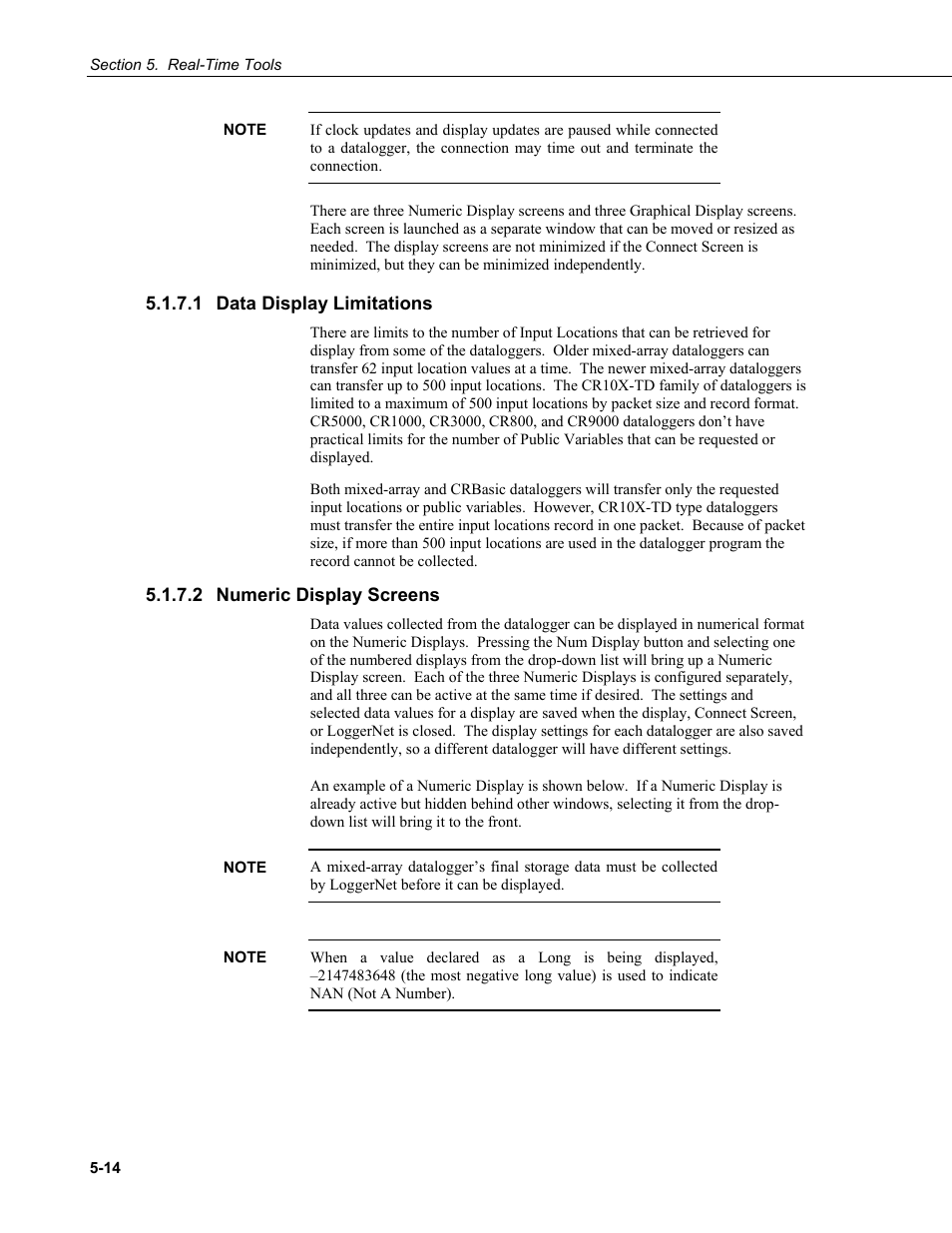 1 data display limitations, 2 numeric display screens, Data display limitations -14 | Numeric display screens -14 | Campbell Scientific LoggerNet Datalogger Support Software User Manual | Page 150 / 580