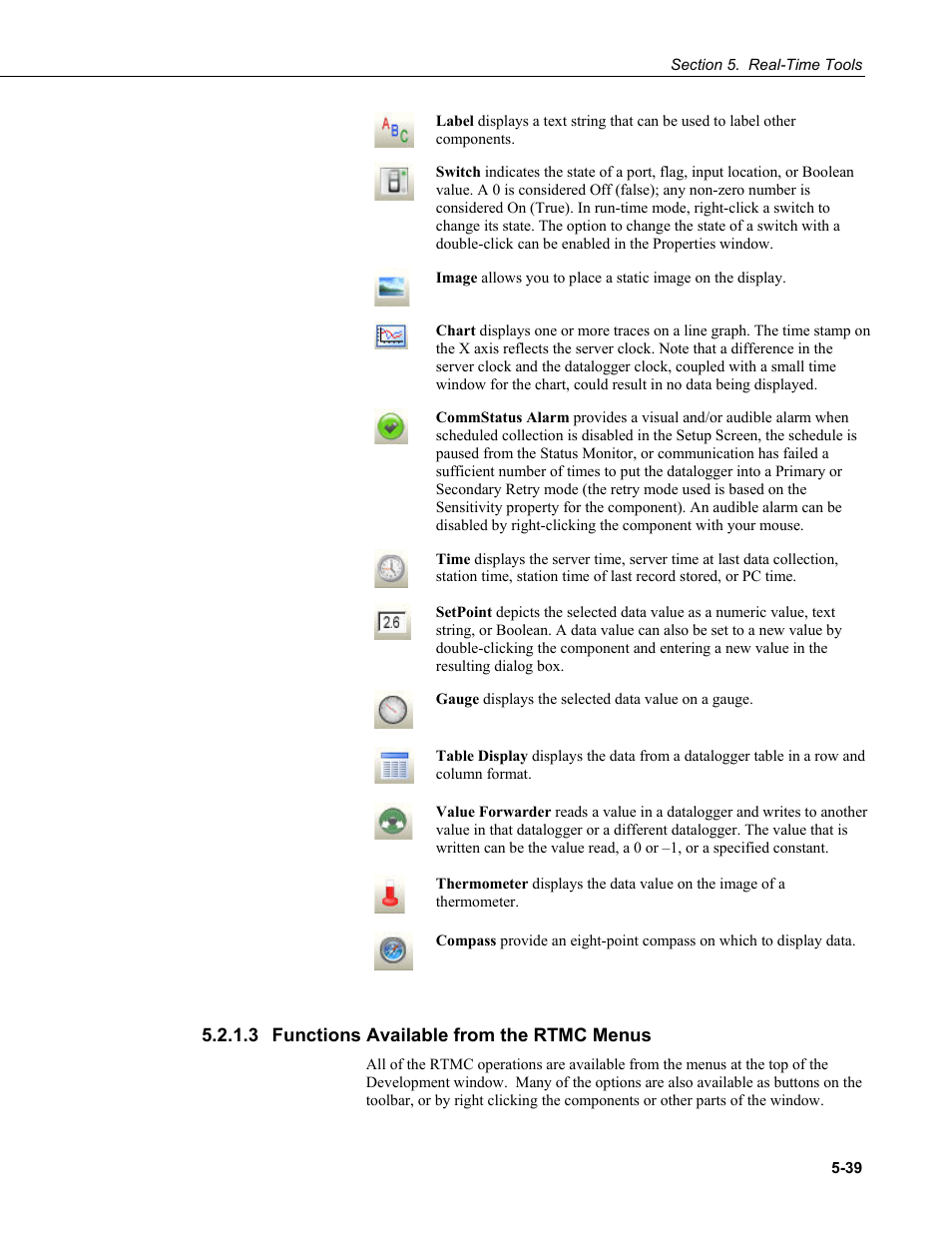 3 functions available from the rtmc menus, Functions available from the rtmc menus -39 | Campbell Scientific LoggerNet Datalogger Support Software User Manual | Page 175 / 580