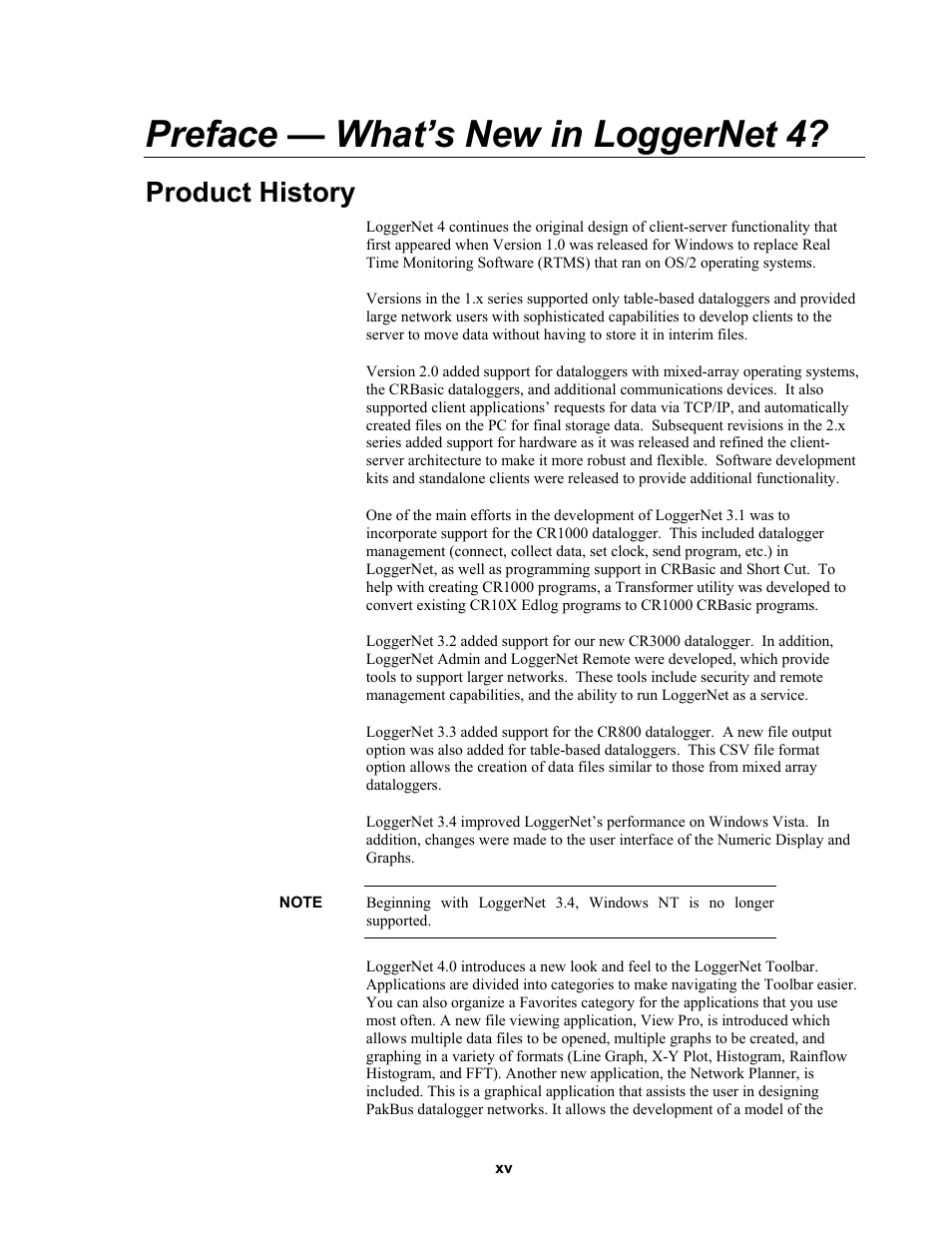Preface — what's new in loggernet 4, Product history, Preface — what’s new in loggernet 4 | Campbell Scientific LoggerNet Datalogger Support Software User Manual | Page 19 / 580