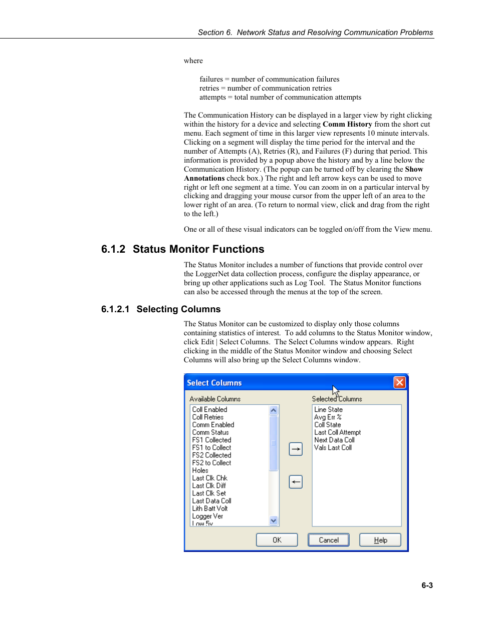 2 status monitor functions, 1 selecting columns, Status monitor functions -3 | Selecting columns -3 | Campbell Scientific LoggerNet Datalogger Support Software User Manual | Page 193 / 580