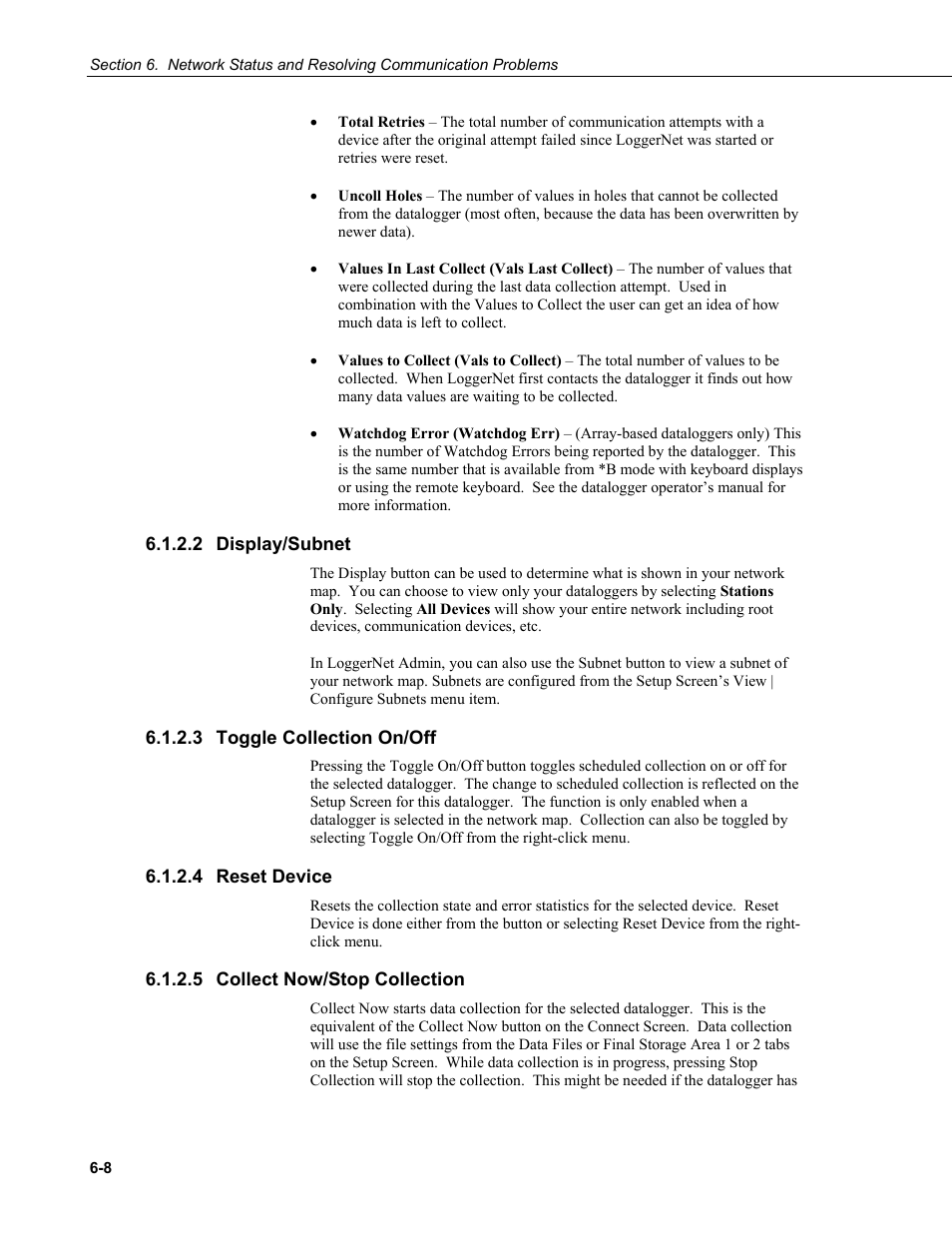 2 display/subnet, 3 toggle collection on/off, 4 reset device | 5 collect now/stop collection, Display/subnet -8, Toggle collection on/off -8, Reset device -8, Collect now/stop collection -8 | Campbell Scientific LoggerNet Datalogger Support Software User Manual | Page 198 / 580