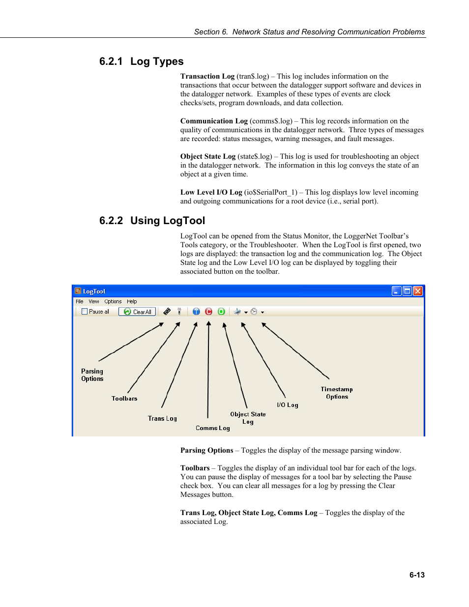 1 log types, 2 using logtool, Log types -13 | Using logtool -13 | Campbell Scientific LoggerNet Datalogger Support Software User Manual | Page 203 / 580