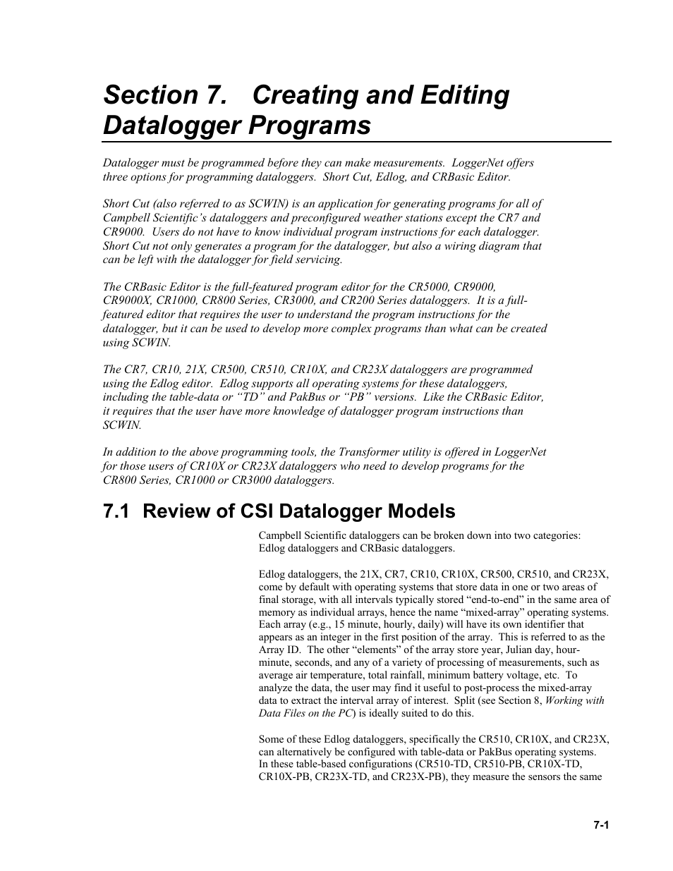 1 review of csi datalogger models, Creating and editing datalogger programs -1, Review of csi datalogger models -1 | Campbell Scientific LoggerNet Datalogger Support Software User Manual | Page 219 / 580