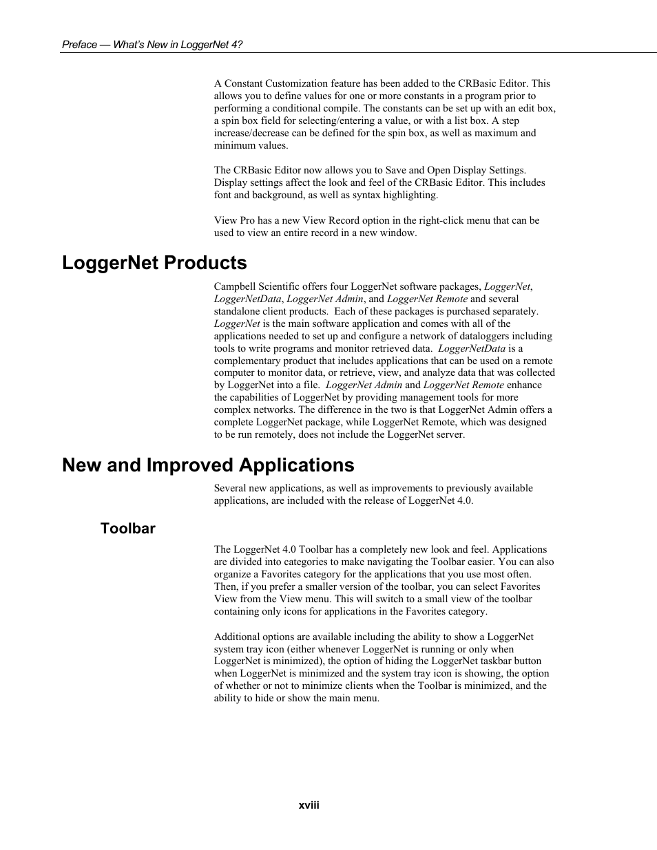 Loggernet products, New and improved applications, Toolbar | Campbell Scientific LoggerNet Datalogger Support Software User Manual | Page 22 / 580