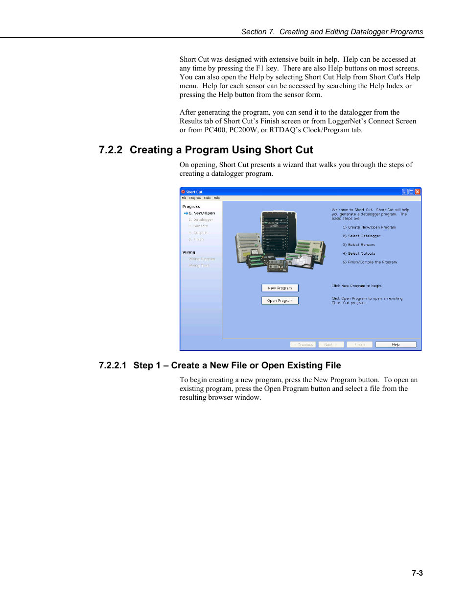 2 creating a program using short cut, 1 step 1 – create a new file or open existing file, Creating a program using short cut -3 | Campbell Scientific LoggerNet Datalogger Support Software User Manual | Page 221 / 580