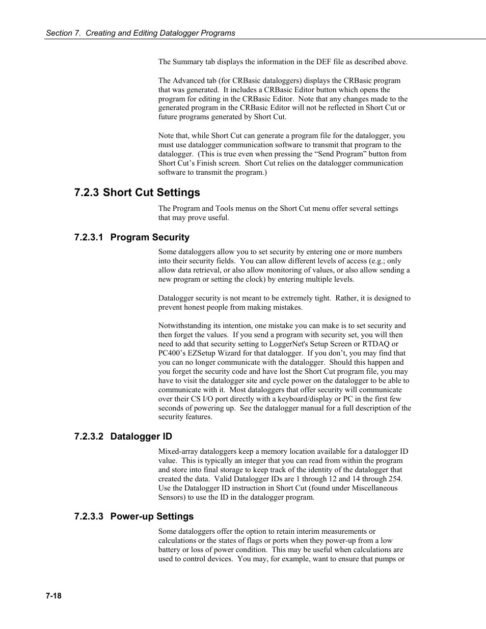 3 short cut settings, 1 program security, 2 datalogger id | 3 power-up settings, Short cut settings -18, Program security -18, Datalogger id -18, Power-up settings -18 | Campbell Scientific LoggerNet Datalogger Support Software User Manual | Page 236 / 580