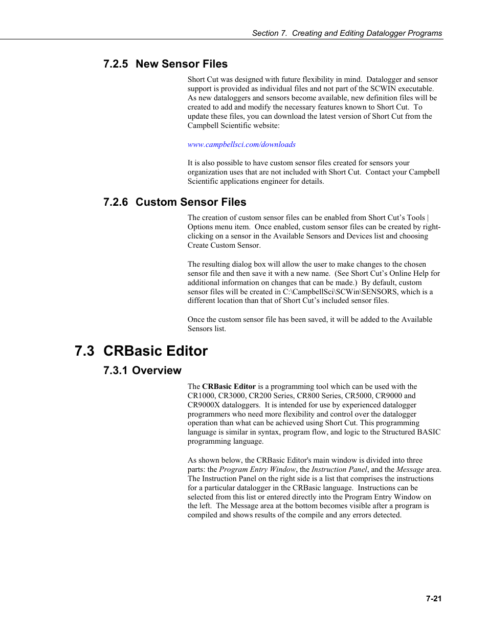 5 new sensor files, 6 custom sensor files, 3 crbasic editor | 1 overview, New sensor files -21, Custom sensor files -21, Crbasic editor -21, Overview -21 | Campbell Scientific LoggerNet Datalogger Support Software User Manual | Page 239 / 580