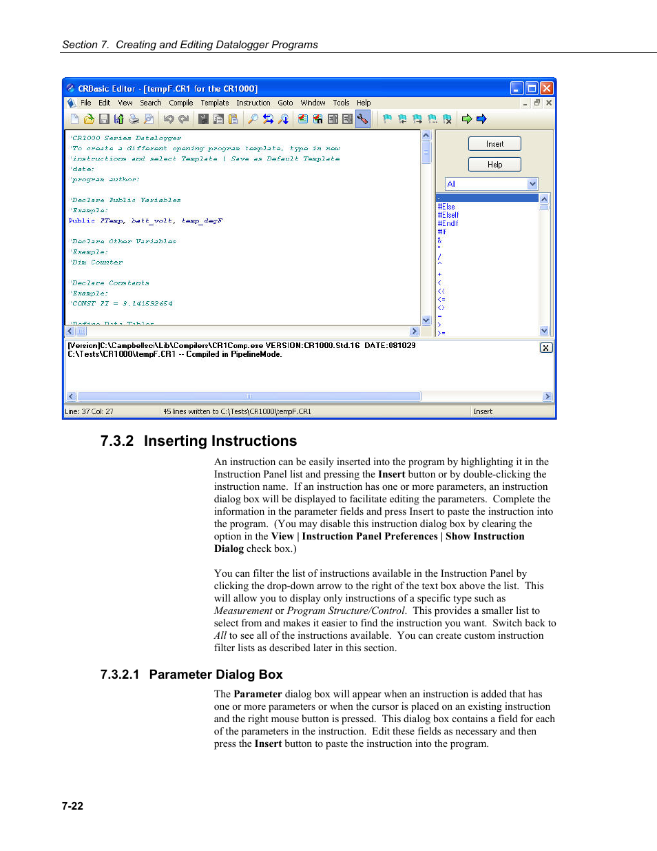 2 inserting instructions, 1 parameter dialog box, Inserting instructions -22 | Parameter dialog box -22 | Campbell Scientific LoggerNet Datalogger Support Software User Manual | Page 240 / 580