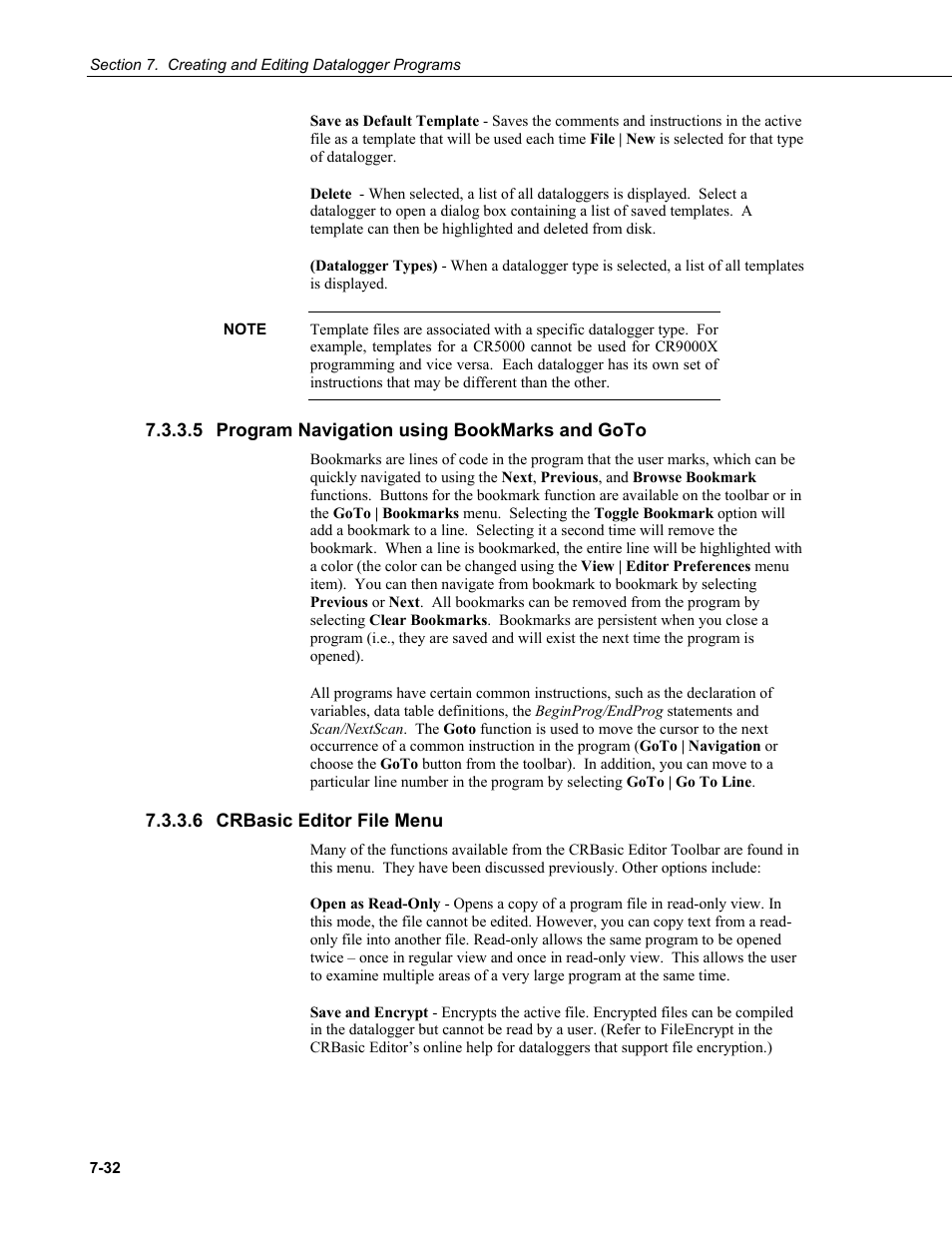 5 program navigation using bookmarks and goto, 6 crbasic editor file menu, Program navigation using bookmarks and goto -32 | Crbasic editor file menu -32 | Campbell Scientific LoggerNet Datalogger Support Software User Manual | Page 250 / 580