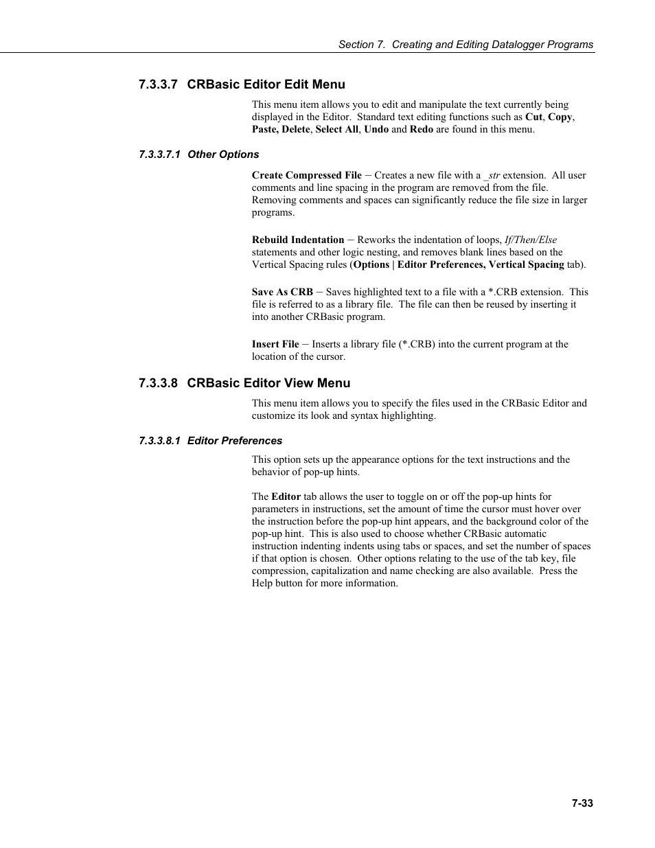 7 crbasic editor edit menu, 1 other options, 8 crbasic editor view menu | 1 editor preferences, Crbasic editor edit menu -33, Other options -33, Crbasic editor view menu -33, Editor preferences -33 | Campbell Scientific LoggerNet Datalogger Support Software User Manual | Page 251 / 580
