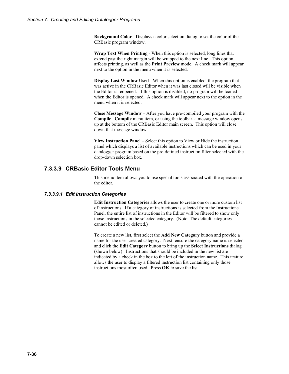 9 crbasic editor tools menu, 1 edit instruction categories, Crbasic editor tools menu -36 | Edit instruction categories -36 | Campbell Scientific LoggerNet Datalogger Support Software User Manual | Page 254 / 580