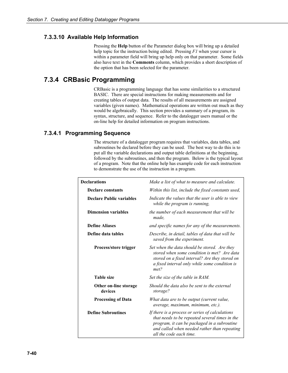 10 available help information, 4 crbasic programming, 1 programming sequence | Available help information -40, Crbasic programming -40, Programming sequence -40 | Campbell Scientific LoggerNet Datalogger Support Software User Manual | Page 258 / 580