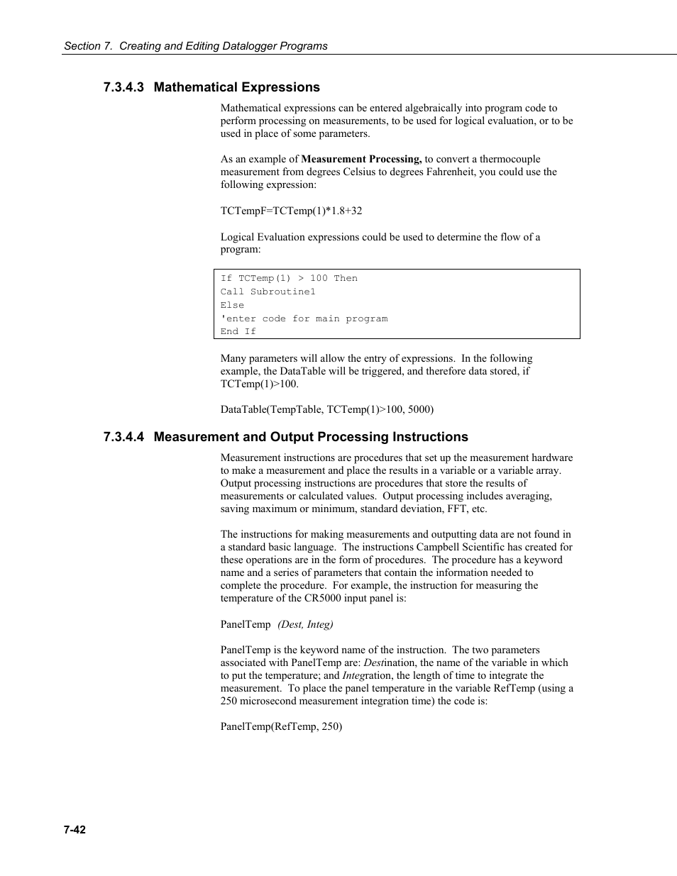 3 mathematical expressions, 4 measurement and output processing instructions, Mathematical expressions -42 | Measurement and output processing instructions -42 | Campbell Scientific LoggerNet Datalogger Support Software User Manual | Page 260 / 580