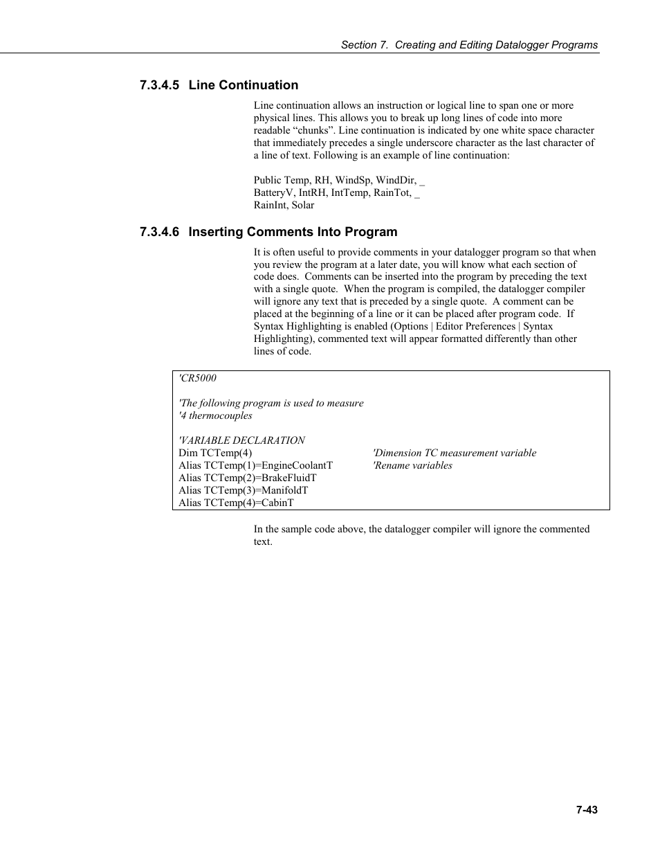 5 line continuation, 6 inserting comments into program, Line continuation -43 | Inserting comments into program -43 | Campbell Scientific LoggerNet Datalogger Support Software User Manual | Page 261 / 580