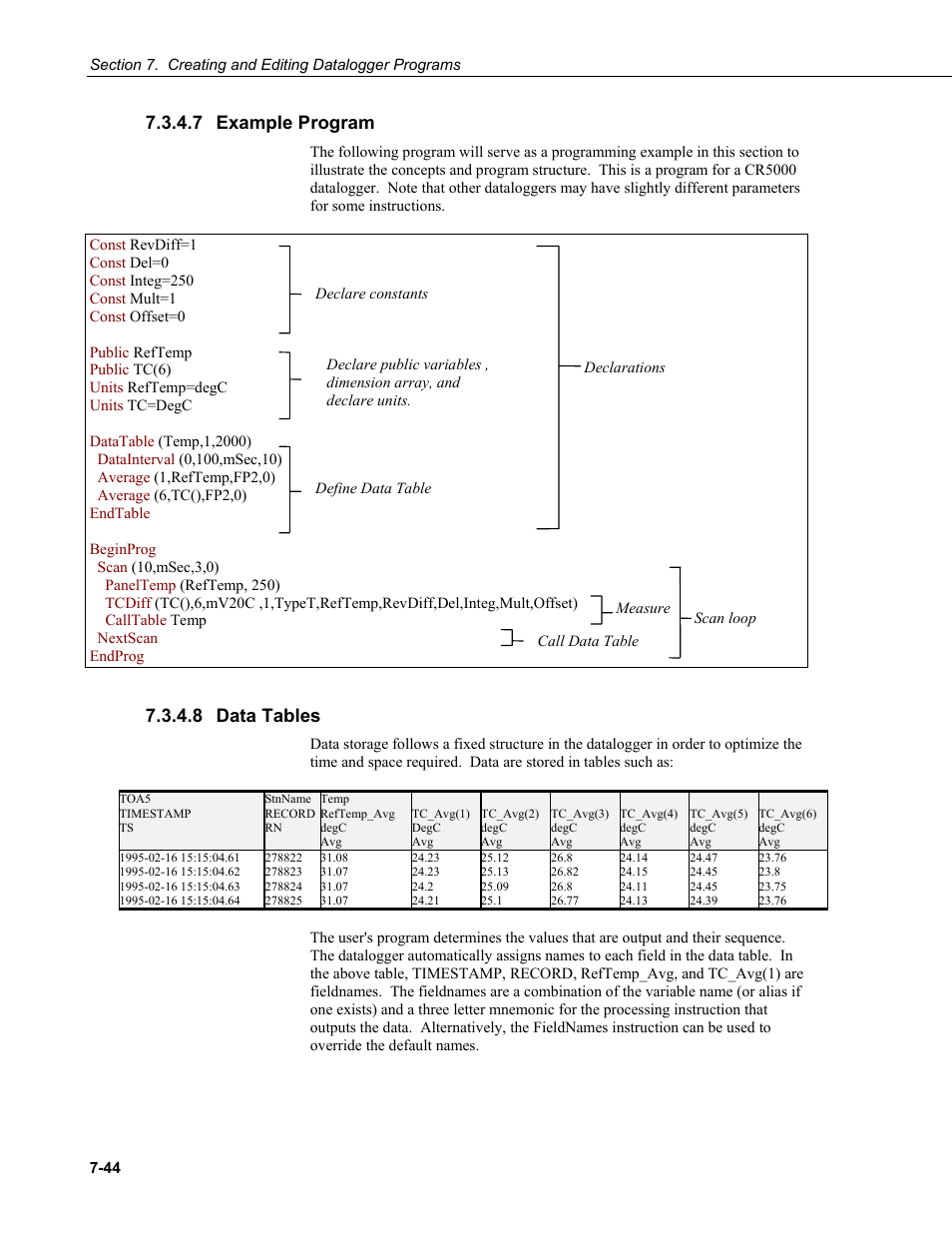 7 example program, 8 data tables, Example program -44 | Data tables -44 | Campbell Scientific LoggerNet Datalogger Support Software User Manual | Page 262 / 580