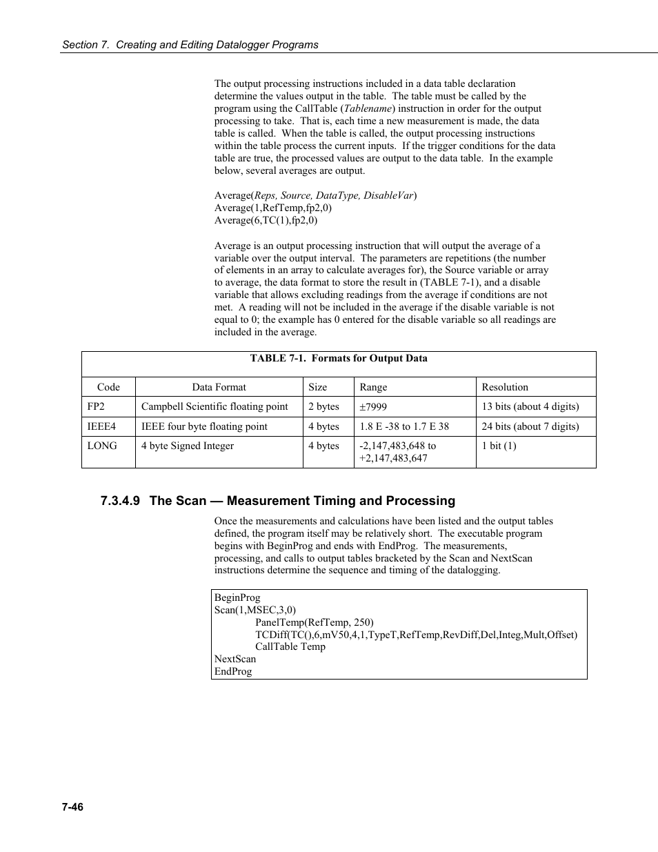9 the scan — measurement timing and processing, The scan — measurement timing and processing -46, 1. formats for output data -46 | Campbell Scientific LoggerNet Datalogger Support Software User Manual | Page 264 / 580