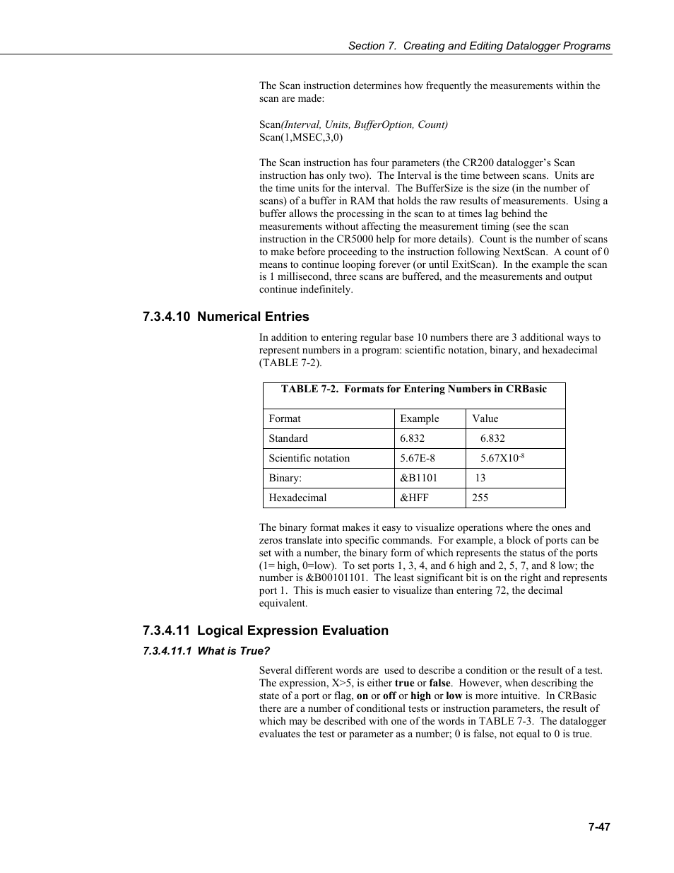 10 numerical entries, 11 logical expression evaluation, 1 what is true | Numerical entries -47, Logical expression evaluation -47, What is true? -47, 2. formats for entering numbers in crbasic -47 | Campbell Scientific LoggerNet Datalogger Support Software User Manual | Page 265 / 580