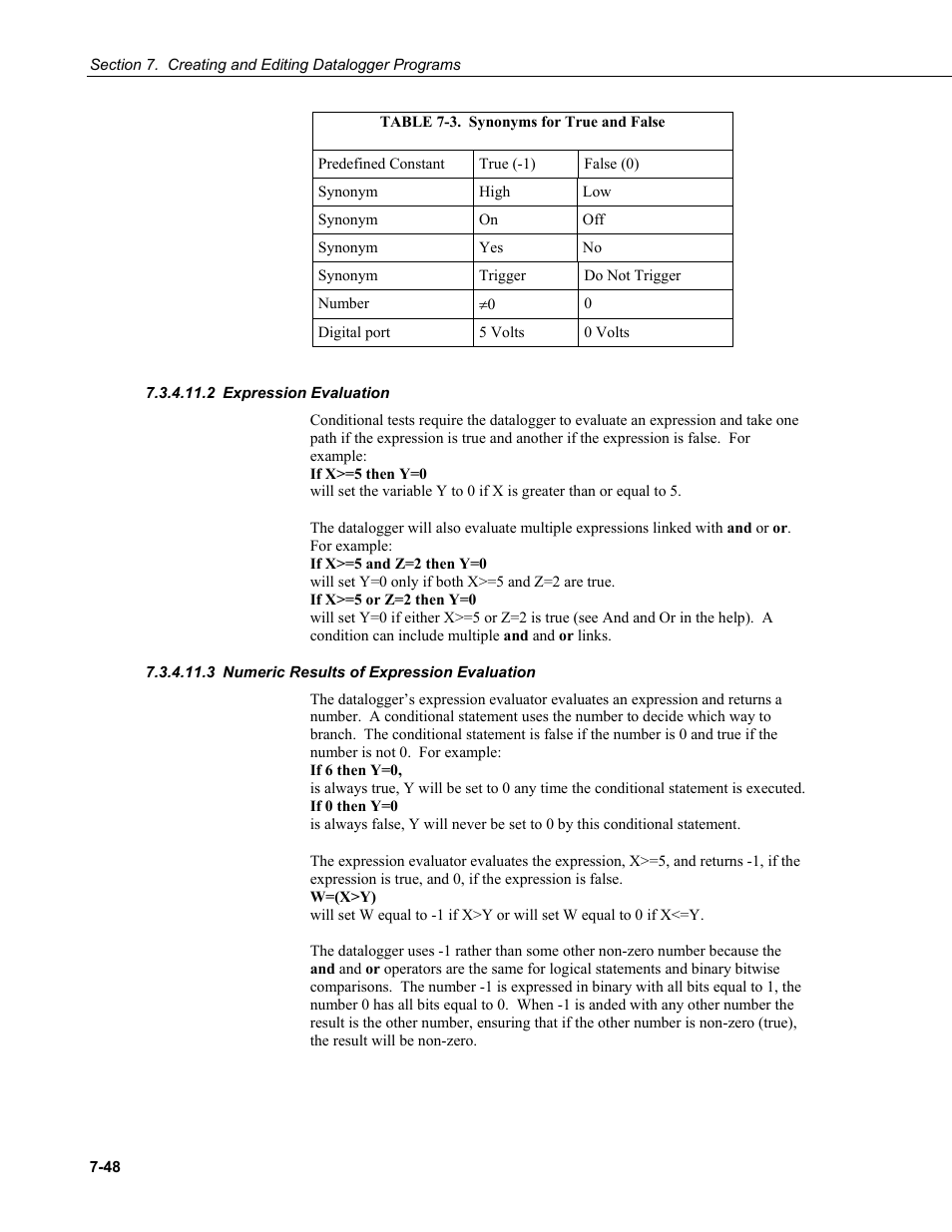 2 expression evaluation, 3 numeric results of expression evaluation, Expression evaluation -48 | Numeric results of expression evaluation -48, 3. synonyms for true and false -48 | Campbell Scientific LoggerNet Datalogger Support Software User Manual | Page 266 / 580