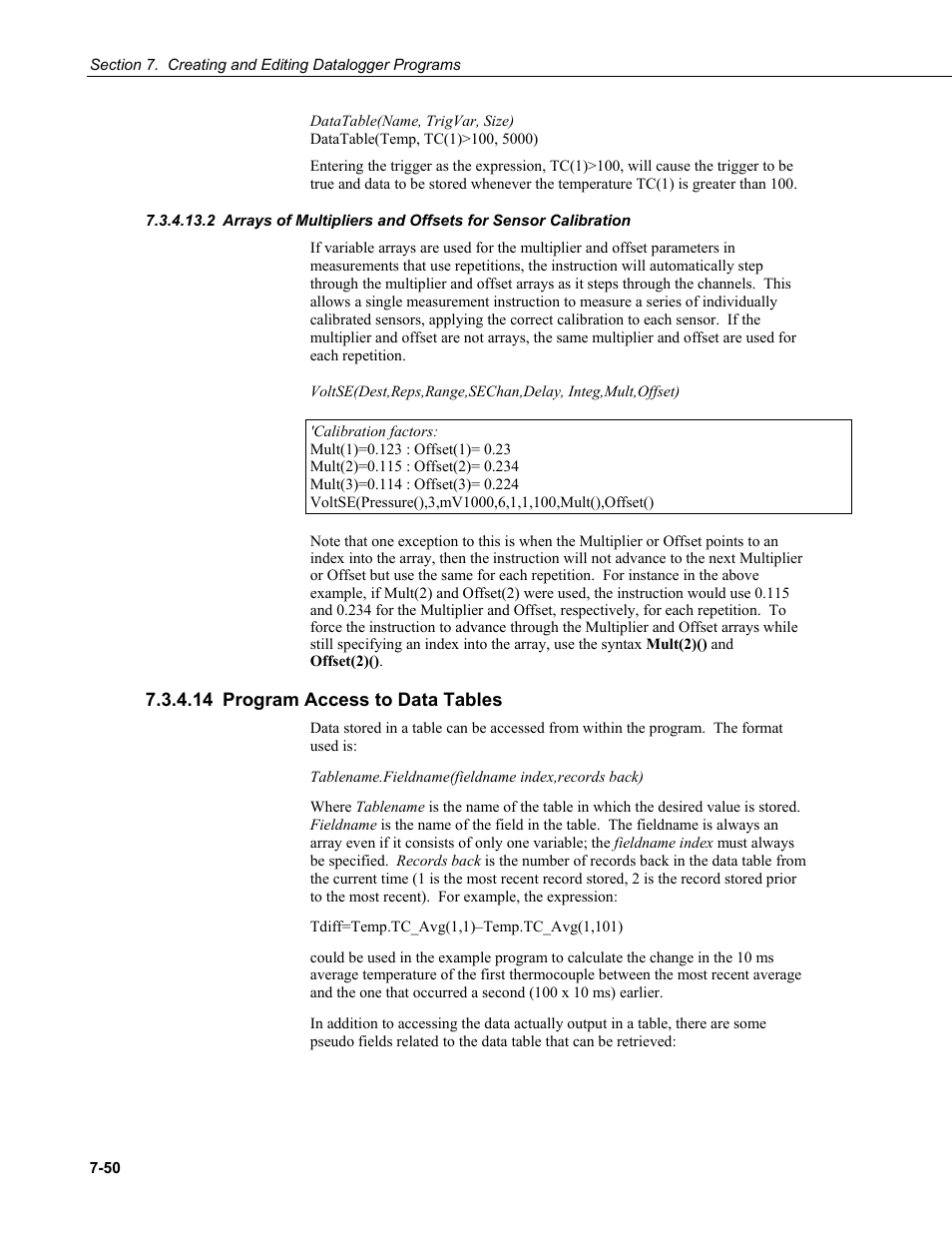 14 program access to data tables, Arrays of multipliers and offsets for sensor, Calibration -50 | Program access to data tables -50 | Campbell Scientific LoggerNet Datalogger Support Software User Manual | Page 268 / 580