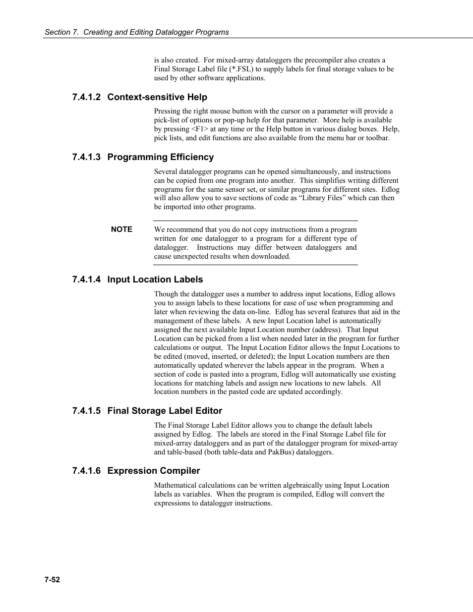 2 context-sensitive help, 3 programming efficiency, 4 input location labels | 5 final storage label editor, 6 expression compiler, Context-sensitive help -52, Programming efficiency -52, Input location labels -52, Final storage label editor -52, Expression compiler -52 | Campbell Scientific LoggerNet Datalogger Support Software User Manual | Page 270 / 580