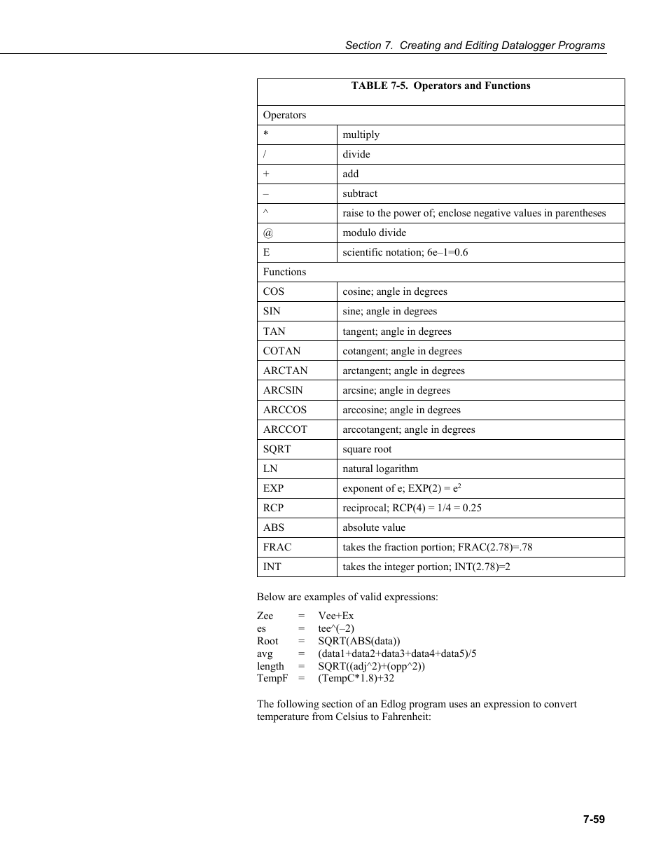 5. operators and functions -59 | Campbell Scientific LoggerNet Datalogger Support Software User Manual | Page 277 / 580