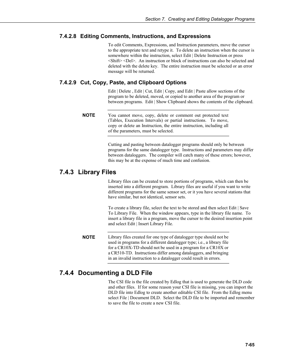 8 editing comments, instructions, and expressions, 9 cut, copy, paste, and clipboard options, 3 library files | 4 documenting a dld file, Cut, copy, paste, and clipboard options -65, Library files -65, Documenting a dld file -65 | Campbell Scientific LoggerNet Datalogger Support Software User Manual | Page 283 / 580