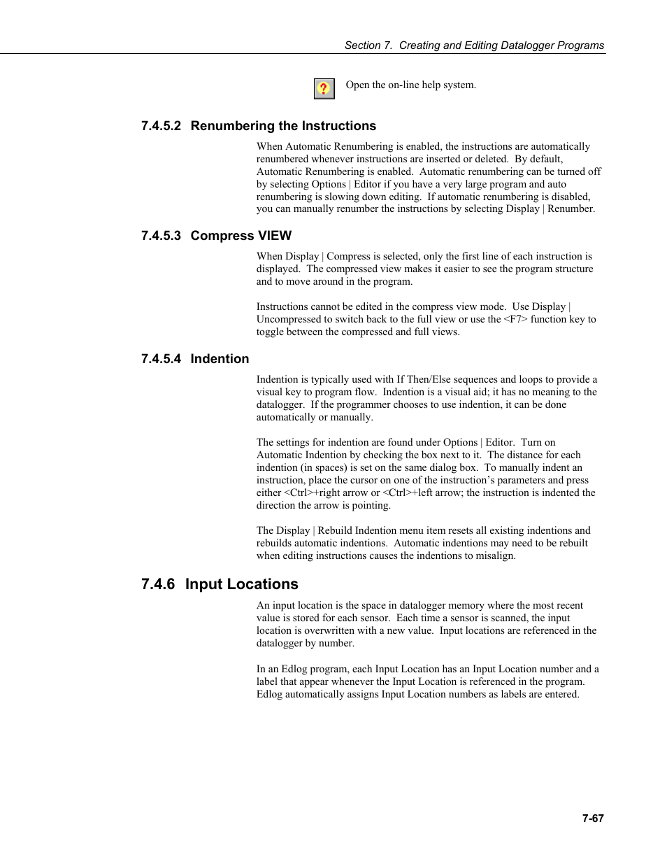 2 renumbering the instructions, 3 compress view, 4 indention | 6 input locations, Renumbering the instructions -67, Compress view -67, Indention -67, Input locations -67 | Campbell Scientific LoggerNet Datalogger Support Software User Manual | Page 285 / 580