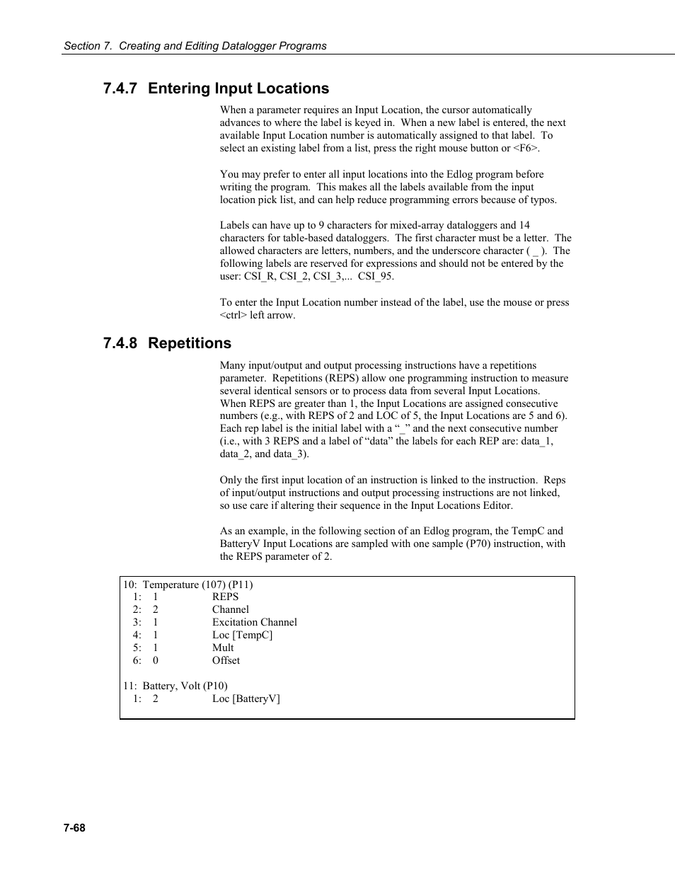 7 entering input locations, 8 repetitions, Entering input locations -68 | Repetitions -68 | Campbell Scientific LoggerNet Datalogger Support Software User Manual | Page 286 / 580