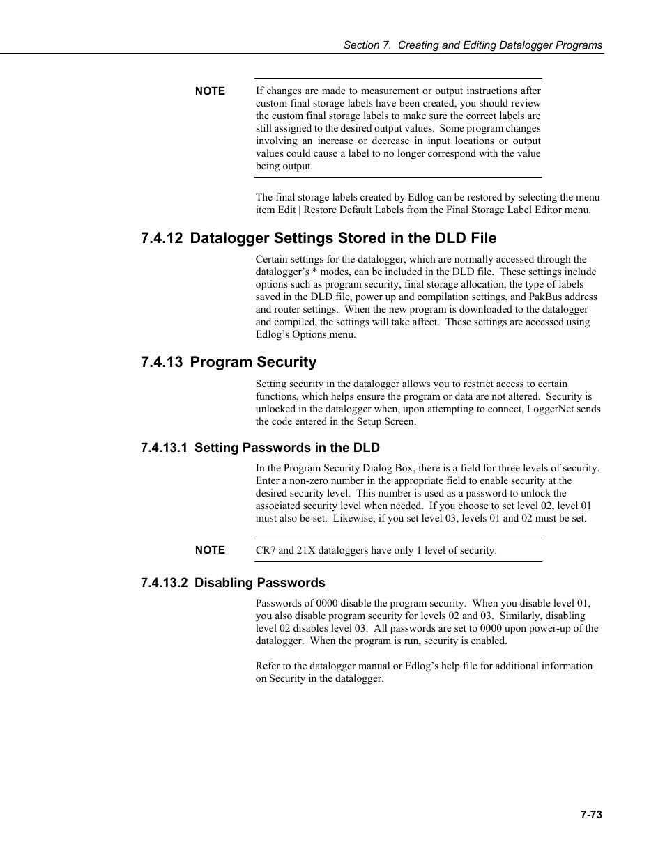 12 datalogger settings stored in the dld file, 13 program security, 1 setting passwords in the dld | 2 disabling passwords, Datalogger settings stored in the dld file -73, Program security -73, Setting passwords in the dld -73, Disabling passwords -73 | Campbell Scientific LoggerNet Datalogger Support Software User Manual | Page 291 / 580