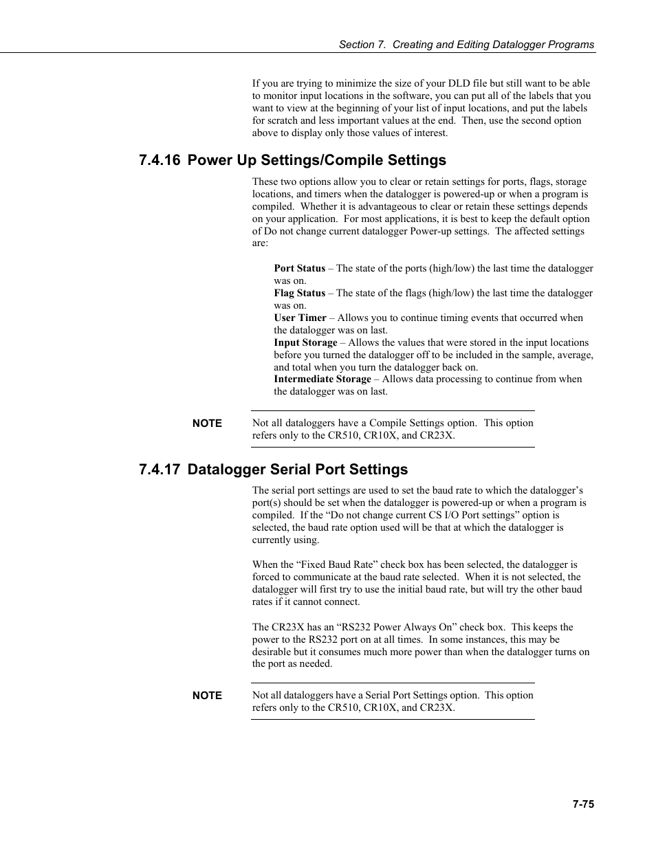 16 power up settings/compile settings, 17 datalogger serial port settings, Power up settings/compile settings -75 | Datalogger serial port settings -75 | Campbell Scientific LoggerNet Datalogger Support Software User Manual | Page 293 / 580