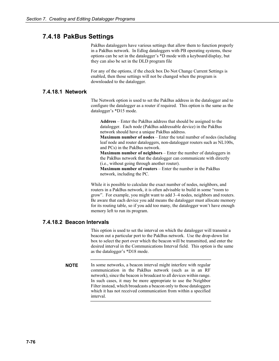 18 pakbus settings, 1 network, 2 beacon intervals | Pakbus settings -76, Network -76, Beacon intervals -76 | Campbell Scientific LoggerNet Datalogger Support Software User Manual | Page 294 / 580