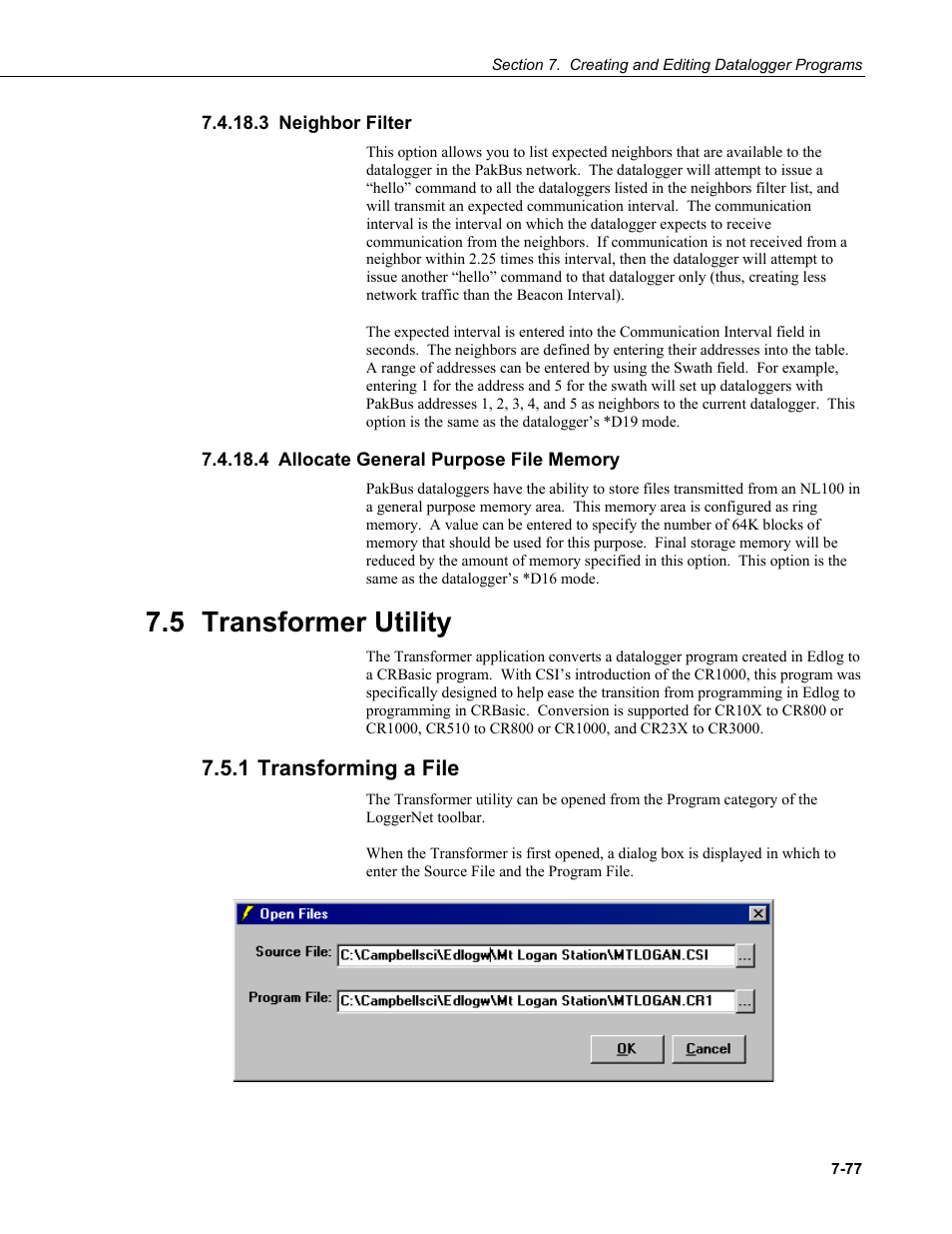 3 neighbor filter, 4 allocate general purpose file memory, 5 transformer utility | 1 transforming a file, Neighbor filter -77, Allocate general purpose file memory -77, Transformer utility -77, Transforming a file -77 | Campbell Scientific LoggerNet Datalogger Support Software User Manual | Page 295 / 580