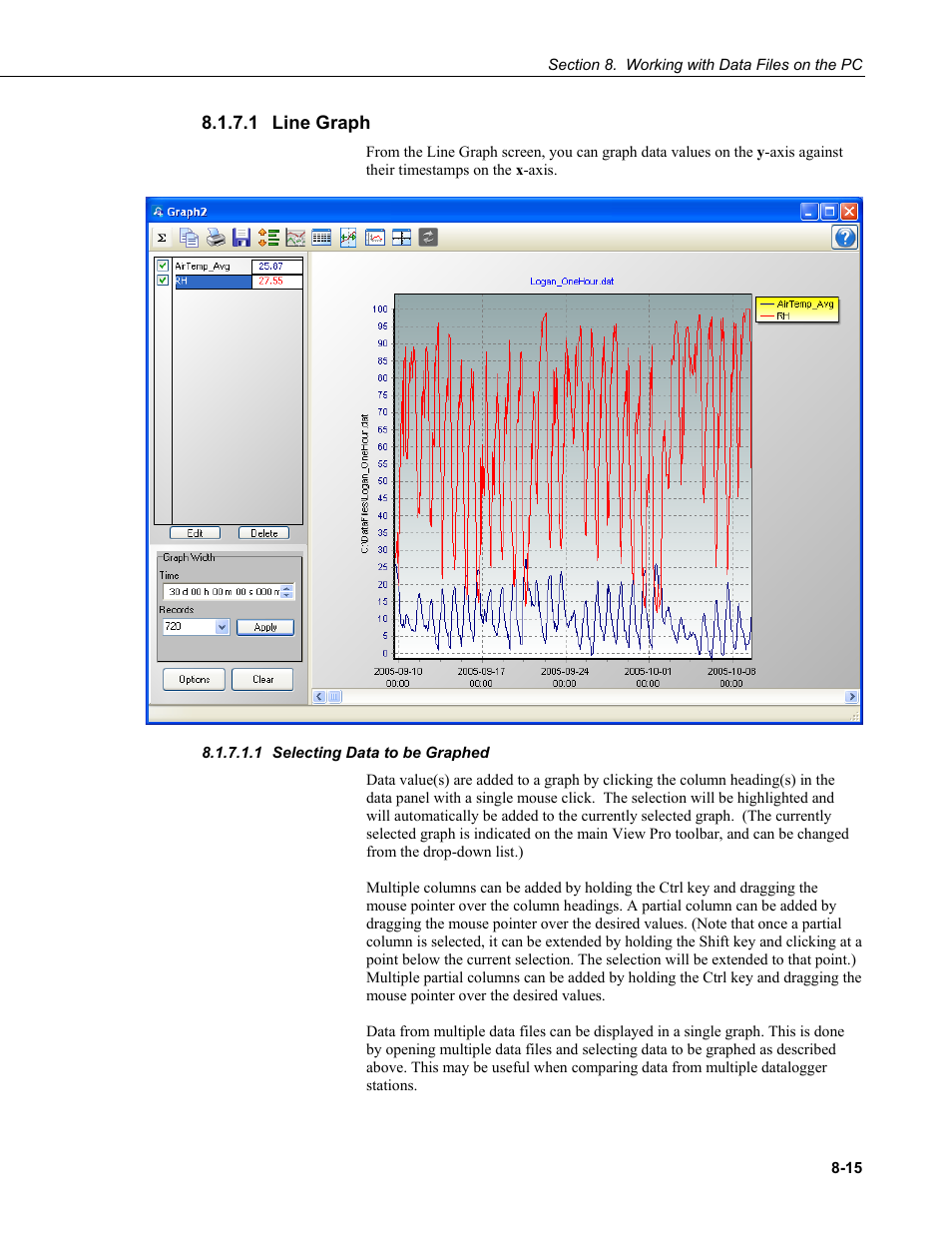 1 line graph, 1 selecting data to be graphed, Line graph -15 | Selecting data to be graphed -15 | Campbell Scientific LoggerNet Datalogger Support Software User Manual | Page 313 / 580