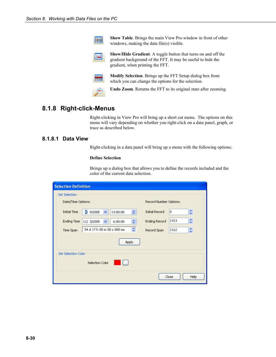 8 right-click-menus, 1 data view, Right-click-menus -30 | Data view -30 | Campbell Scientific LoggerNet Datalogger Support Software User Manual | Page 328 / 580