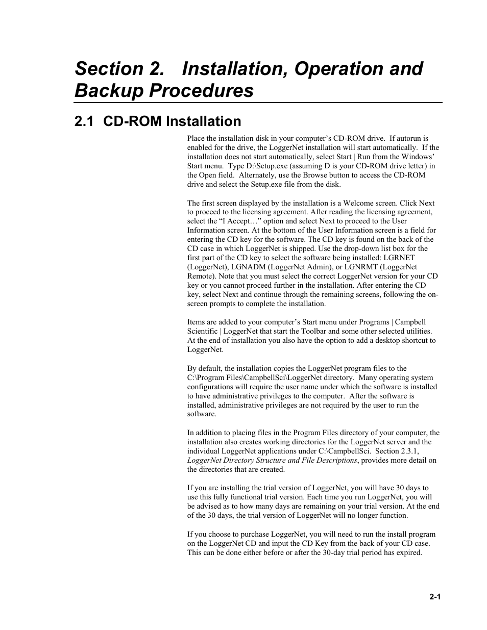 1 cd-rom installation, Installation, operation and backup procedures -1, Cd-rom installation -1 | Campbell Scientific LoggerNet Datalogger Support Software User Manual | Page 33 / 580